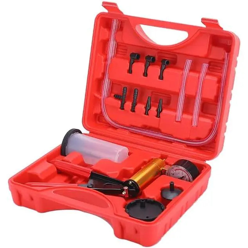 GJANSH 2 in 1 Brake Bleeder Kit with Hand Vacuum Pump with Gauge Adapters Automotive Brake Fluid Bleeding Set with Protected Case for Car Truck (Red) Fathersdaygift