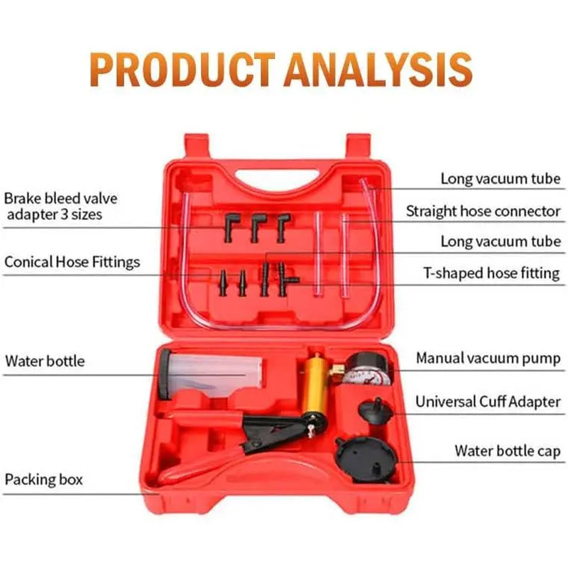 GJANSH 2 in 1 Brake Bleeder Kit with Hand Vacuum Pump with Gauge Adapters Automotive Brake Fluid Bleeding Set with Protected Case for Car Truck (Red) Fathersdaygift