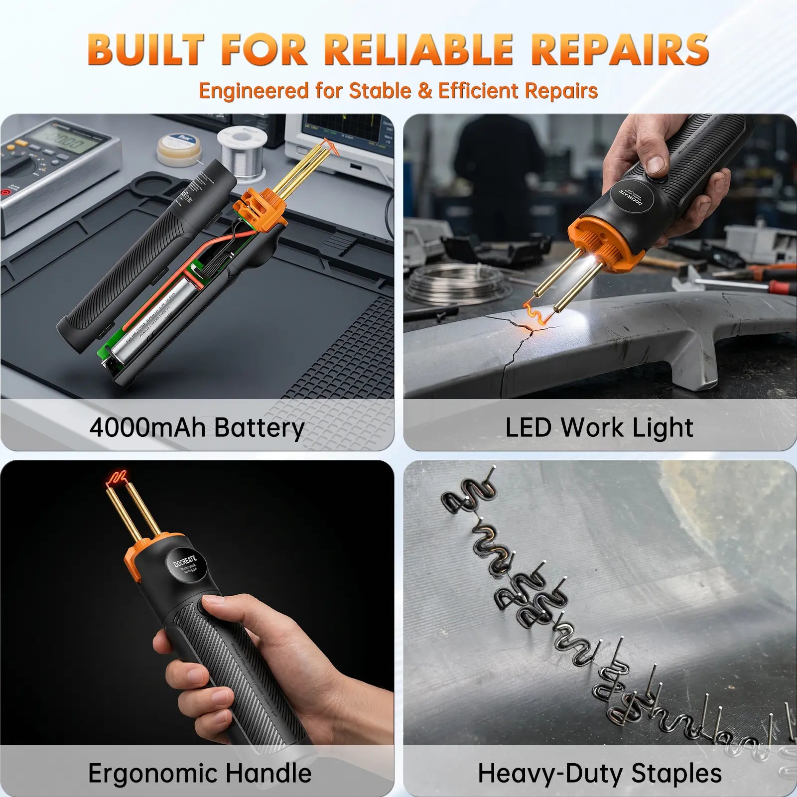 Handheld Plastic Welder Kit, Cordless Rechargeable Hot Stapler Plastic Welding Repair Tool with 4000Mah Battery, LED Light for Car Bumper, Dashboard