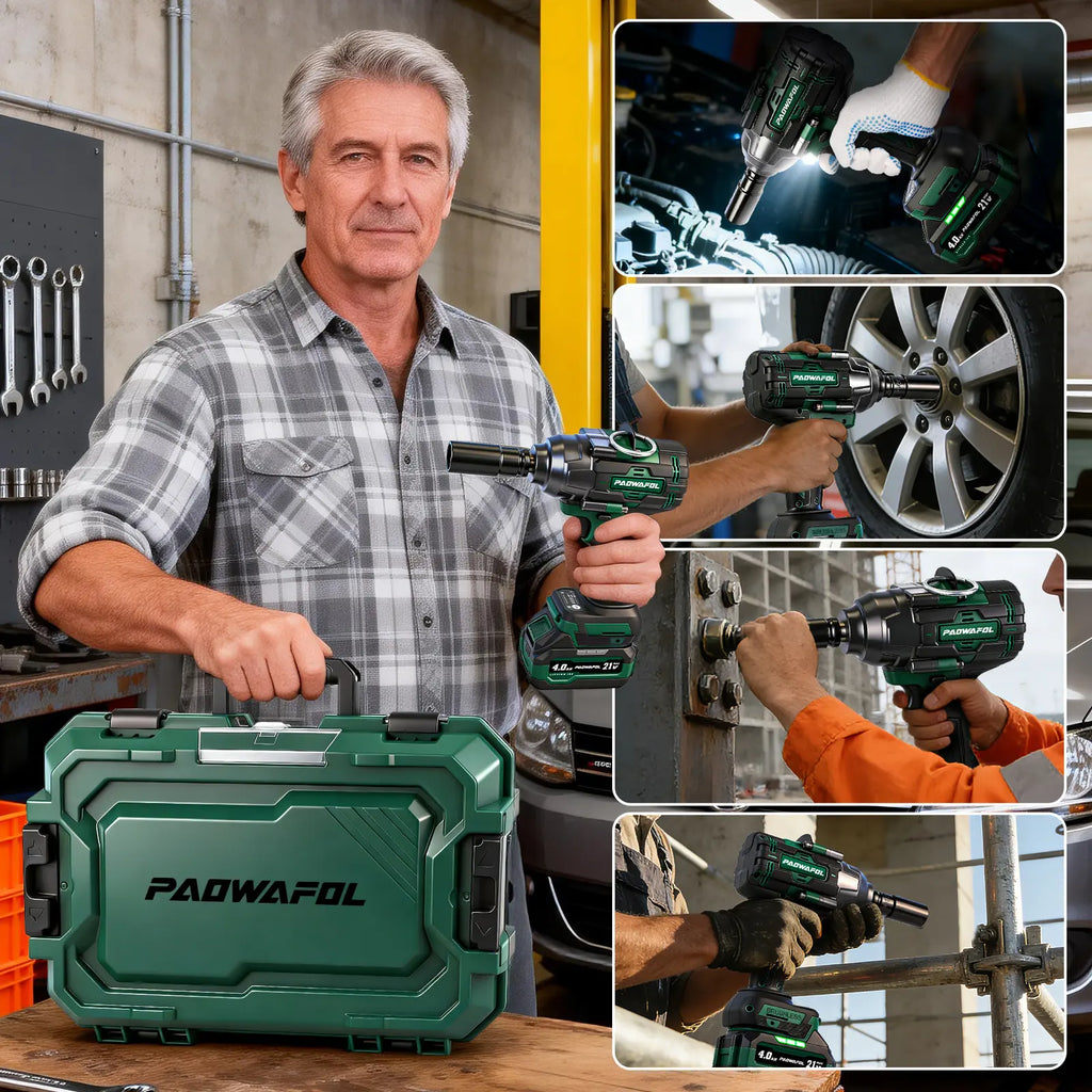 【Fathersdaygift】Paowafol 2026 Impact Wrench 1600N.M, 1/2" Impact Gun with 2X4.0Ah Battery, 21V Cordless Impact Driver High Torque with 5 Sockets, Pistola Llave De Impacto Brushless for Truck RV Home Car