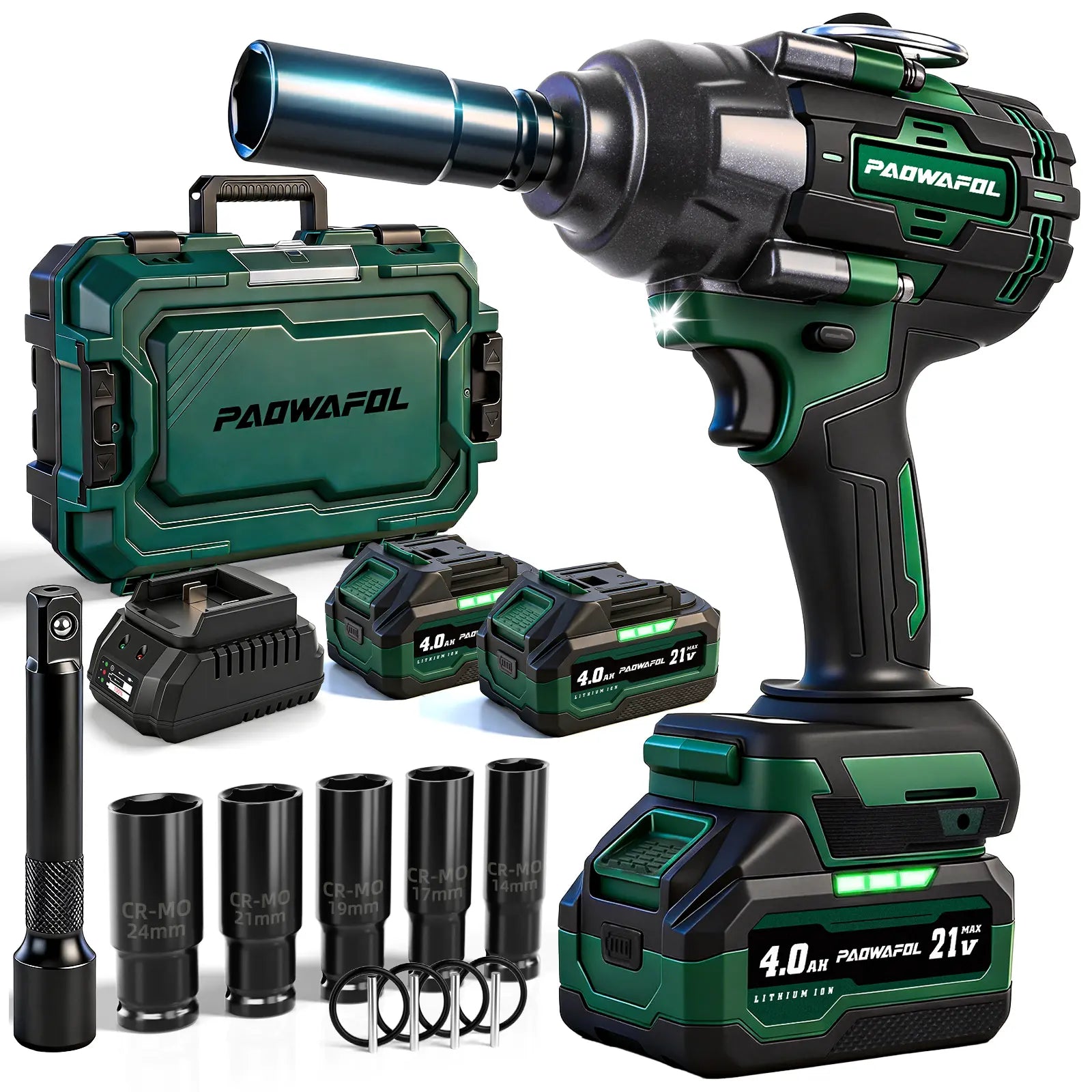 【Fathersdaygift】Paowafol 2026 Impact Wrench 1600N.M, 1/2" Impact Gun with 2X4.0Ah Battery, 21V Cordless Impact Driver High Torque with 5 Sockets, Pistola Llave De Impacto Brushless for Truck RV Home Car