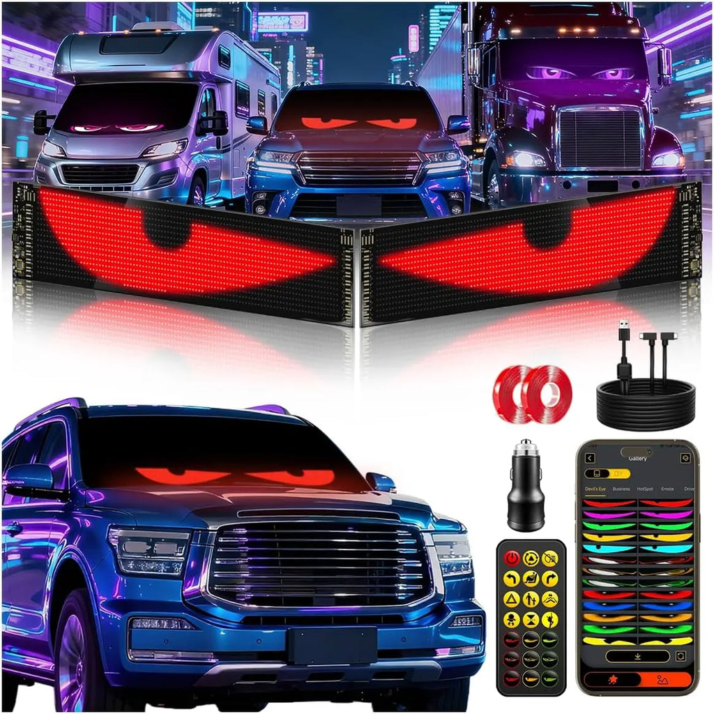 Programmable LED Car Display - Scrolling Matrix Sign, APP & Remote Control LED Devil'S Eyes Light for Windshield, 5V USB Programmable LED Waterproof Flexible Digital Display Signs, Remote APP Control Cool Decor for Cars/Truck