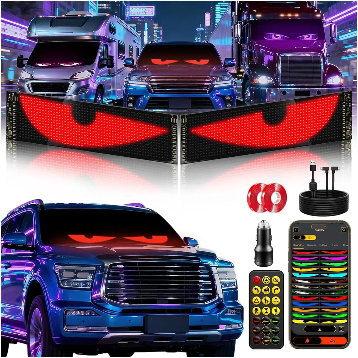 Programmable LED Car Display - Scrolling Matrix Sign, APP & Remote Control LED Devil'S Eyes Light for Windshield, 5V USB Programmable LED Waterproof Flexible Digital Display Signs, Remote APP Control Cool Decor for Cars/Truck