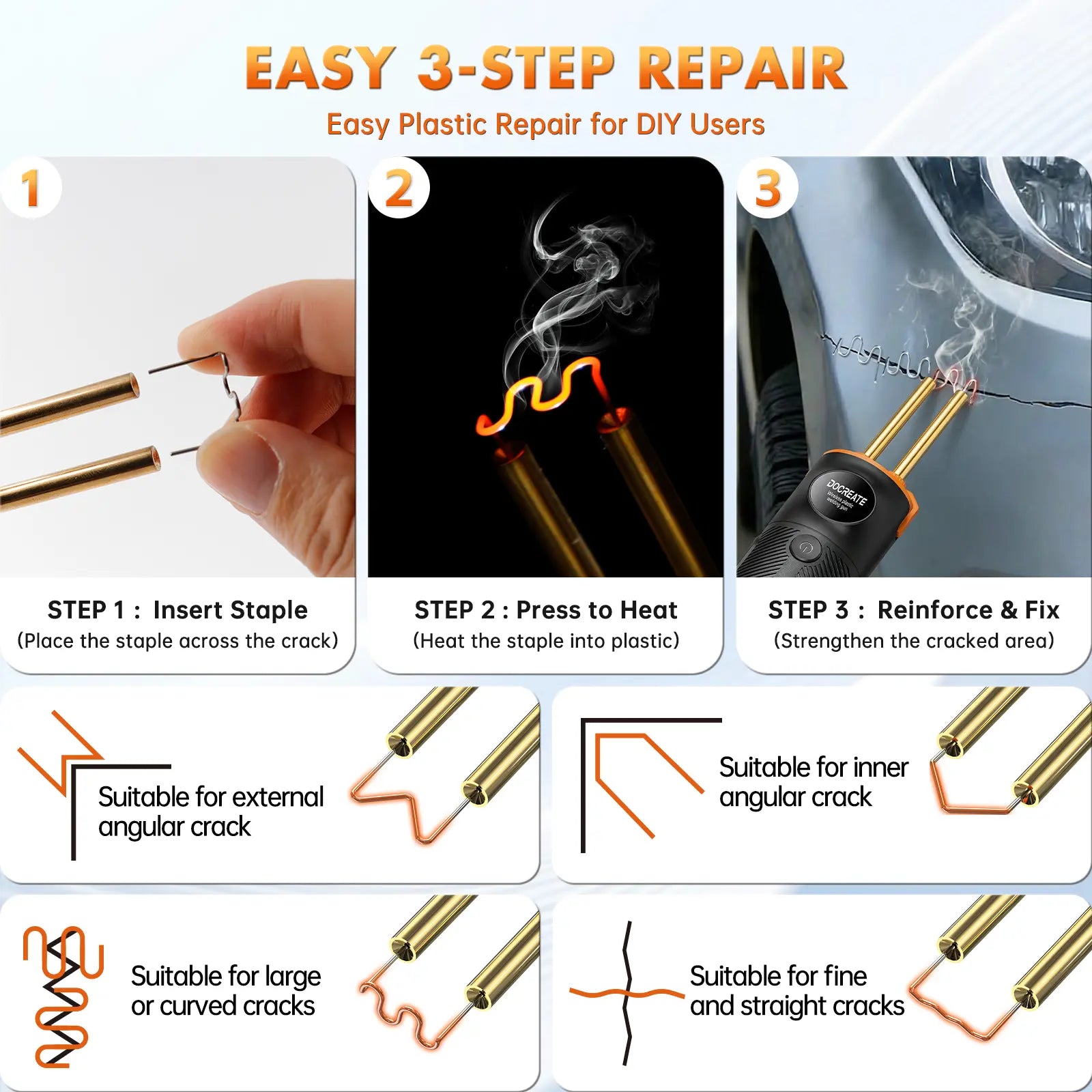 Handheld Plastic Welder Kit, Cordless Rechargeable Hot Stapler Plastic Welding Repair Tool with 4000Mah Battery, LED Light for Car Bumper, Dashboard
